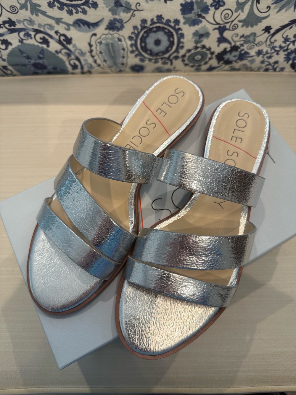 Sole Society Silver Metallic Three-Strap Slide Sandals